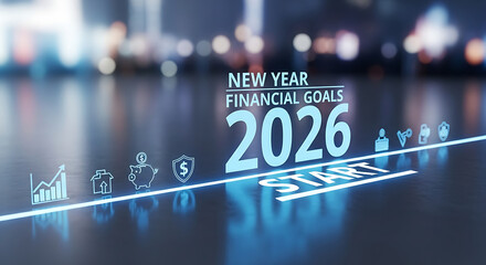 New year financial goals for the year of twenty twenty six with financial icons on a blue background
