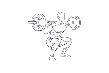 Elegant line art outline drawing vector illustration of a man doing squats with a barbell