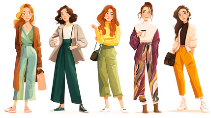 Cartoon vector women dressed in stylish trendy clothes, female fashion illustration, modern chic outfits, elegant accessories, vibrant colors, contemporary street style, creative design, fashionable 