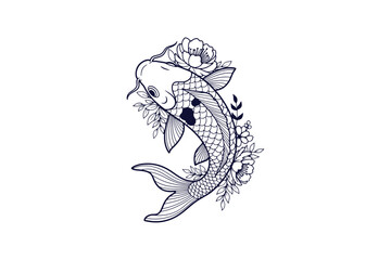 Japanese koi fish with floral pattern line art vector illustration on white background
