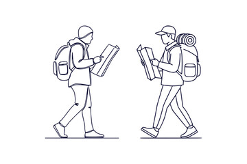 Minimal line art outline drawing vector illustration of a traveler walking with a backpack and map in hand