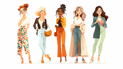 Cartoon vector women dressed in stylish trendy clothes, female fashion illustration, modern chic outfits, elegant accessories, vibrant colors, contemporary street style, creative design, fashionable 