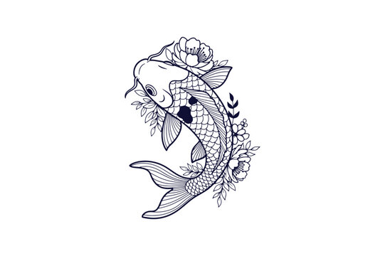 Japanese koi fish with floral pattern line art vector illustration on white background