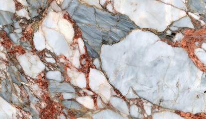 Detailed close-up view of a marble surface, showcasing a blend of white, grey, and copper tones.  Veins of varying shades crisscross the stone, creating a complex and captivating pattern.