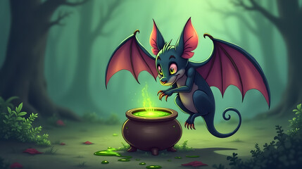 Cartoon style bat sipping green potion from a tiny cauldron