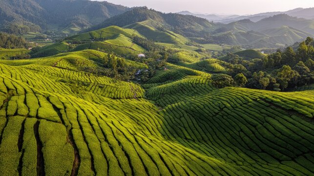 Lush tea plantation blankets rolling hills in vibrant green, illuminated by sunlight