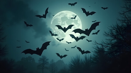 Epic cinematic swarm of bats creating Halloween shapes in the night sky