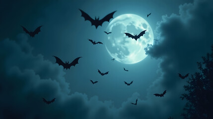 Epic cinematic swarm of bats creating shapes in the night sky Halloween magic