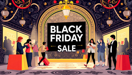 Flat-style illustration of Black Friday shopping scene with discount tags, excited customers, shopping bags, and modern store interior &mdash; perfect for e-commerce and promotional use.