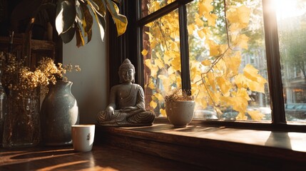 Zen window scene: A tranquil interior captures the essence of serenity. Sunlight streams in, illuminating a peaceful Buddha statue on the windowsill, harmonizing with autumnal foliage and nature.
