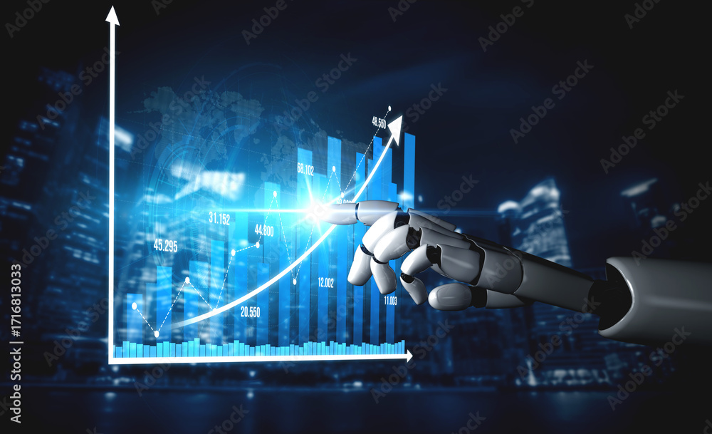 Poster a robotic hand interacts with a glowing data chart in an urban setting, symbolizing the future of te