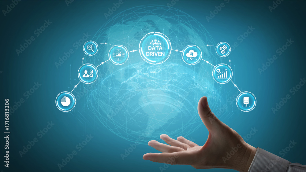 Poster data-driven decision-making empowers business through analytics, datum collection, and ai systems. d