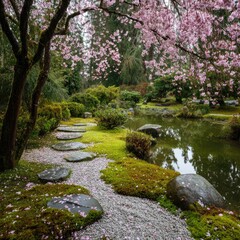Serene Japanese garden scene with cherry blossoms, moss-covered stones, and a pond