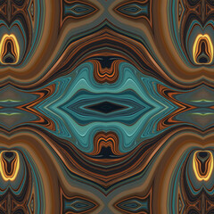 Vibrant abstract artwork with flowing turquoise, orange, and brown patterns forming symmetrical waves. Perfect for abstract, art, and background designs.