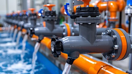 Obraz premium Industrial pipes in orange and gray discharging water into a deep blue body of water