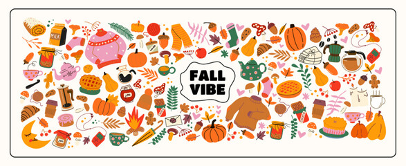 Cozy autumn stickers. Fall doodle vector set with pumpkins, sweaters, hot drinks, leaves, hygge vibes, harvest season clipart