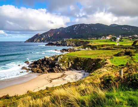 Coastal landscape with beach and hills
