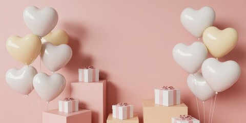 Romantic valentines day background with heart shaped balloons and gift boxes on pink background, love and celebration concept, 3d rendering