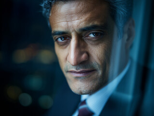 Fototapeta premium Seriou Serious Businessman Portrait with Intense Gaze at Night