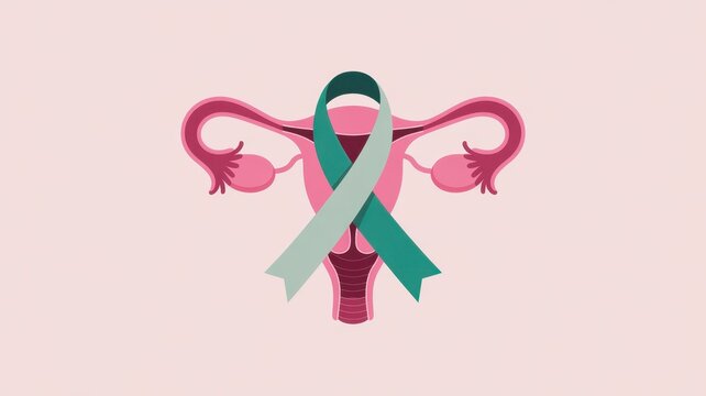 Teal ribbon on uterus for ovarian cancer awareness month, symbolizing support, hope, and solidarity in the fight against gynecological cancer