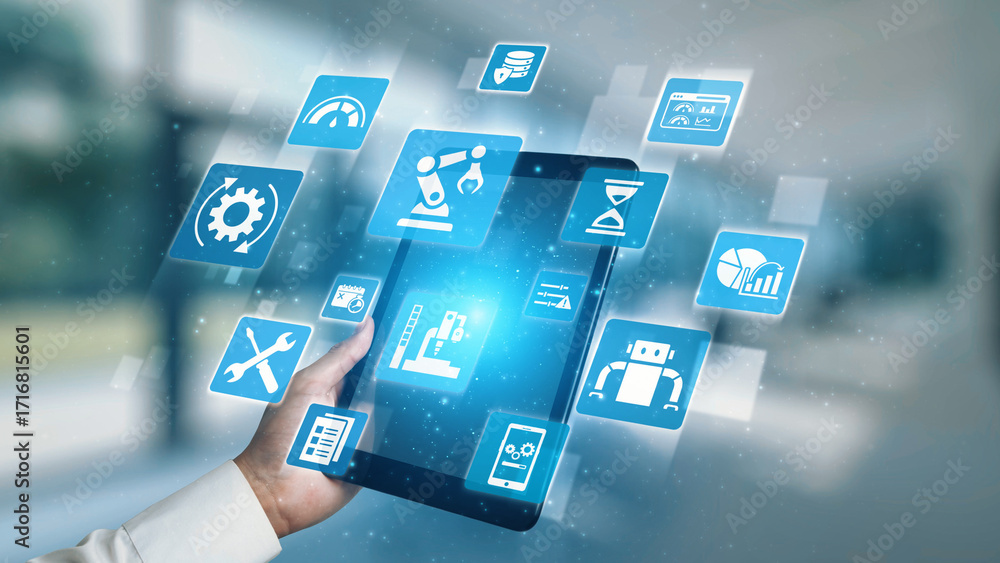 Poster predictive maintenance icons for industry, automation, smart factory and manufacturing showing data 