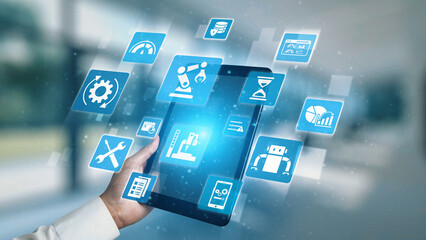 Predictive maintenance icons for industry, automation, smart factory and manufacturing showing data analysis, monitoring, robotics and system optimization with advanced maintenance solutions. Gist