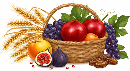 Basket with pomegranates, grapes, an orange, a peach, figs, dates, and wheat stalks.
