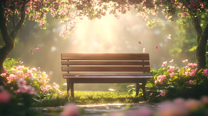 A park bench sits beneath blooming trees in a tranquil, sunlit garden.