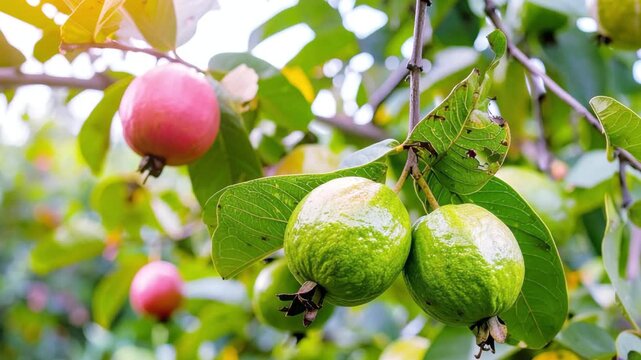 Guava Harvest: The vibrant green and pink guava fruits, each holding the promise of a sweet, tropical delight, bask in the warm sunshine. 