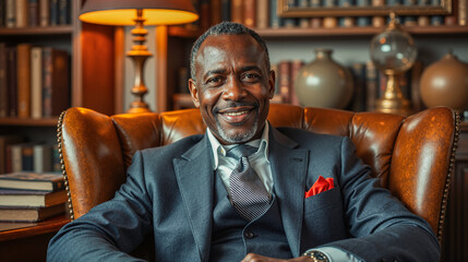 Confident and Successful African American Businessman Smiling in a Luxurious Home Library. Mature Executive Portrait in a Classic Study Setting, Wisdom and Leadership.