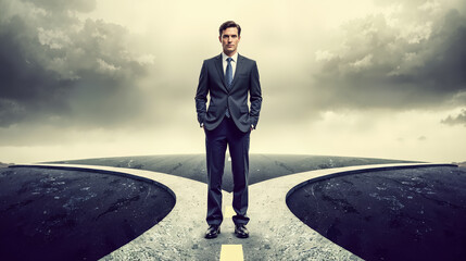 Businessman standing at crossroads fork in road making decision choice between different paths future career direction