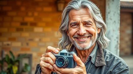 Happy Senior Man with Gray Hair and Beard Smiling While Holding a Vintage Camera, Embracing His Photography Hobby
