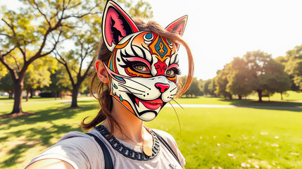 Young Caucasian Woman in Ornate Cat Mask Takes a Selfie Outdoors in a Sunny Park for Social Media Content