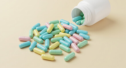 Pastel-colored capsules spilled from a white bottle on a beige surface.