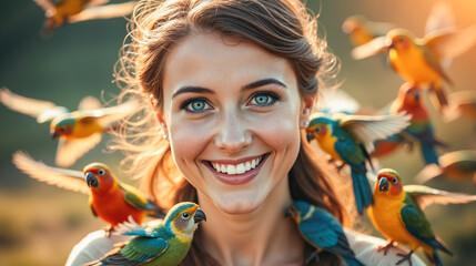 Joyful Young Caucasian Woman Smiling Amidst a Flock of Colorful Tropical Birds Flying and Perching, a Beautiful Connection with Wildlife in Nature.