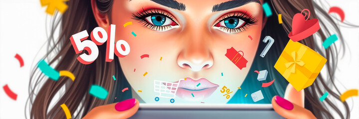 Young Woman Promotes Online Sales and Mobile Shopping with Smartphone Digital Shopping Cart and Icons, for Retail Promotions and E-commerce Campaigns with Copy Space.