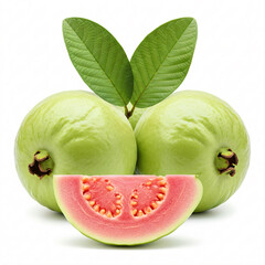 Two whole green guavas with leaves, and a slice showing pink interior with seeds.
