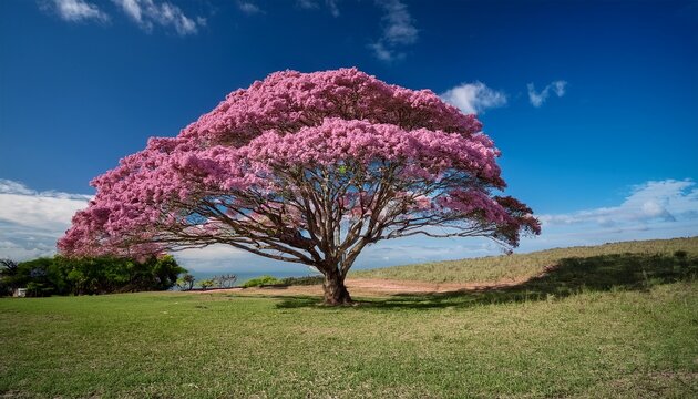 Witness The Enchanting Beauty Of A Majestic Pink Ipe Tree In Full Bloom As Its Soft Pink Flowers Gracefully Contrast With Deep Green Leaves Under The Serene Azure Sky