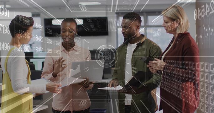 Reviewing data, four colleagues collaborating in conference room, with laptop smartphone and report - Powered by Adobe