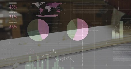 Displaying data overlay highlighting pie bar line charts and map on wooden desk, with notebook