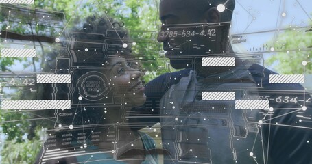 Sharing warm gaze couple standing beneath white pergola in garden, with digital network overlay
