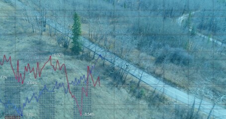 Cutting winding paved trail across scrubland with evergreen tree, grid overlay and line graphs