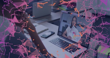 Showing woman in blouse holding pie chart on laptop at desk, with network overlay, copy space