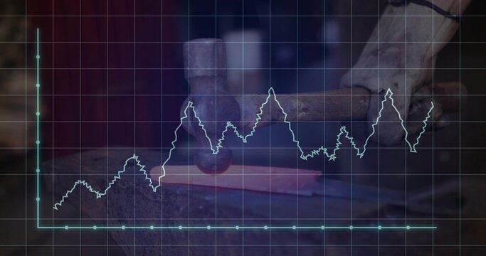 Blacksmith's gloved hand hammering glowing red bar on anvil at workshop, with grid overlay