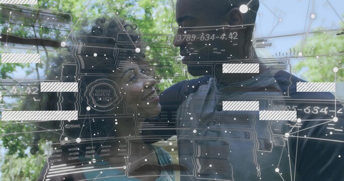 Sharing warm gaze couple standing beneath white pergola in garden, with digital network overlay