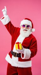 Cool Santa Claus: A cheerful Santa Claus, complete with a warm smile, sunglasses, and a stylish outfit, holds a beautifully wrapped gift while pointing upwards, creating a joyful atmosphere.