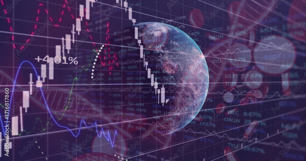 Poster displaying semi-transparent earth globe over data grid, with candlestick charts and dna helix