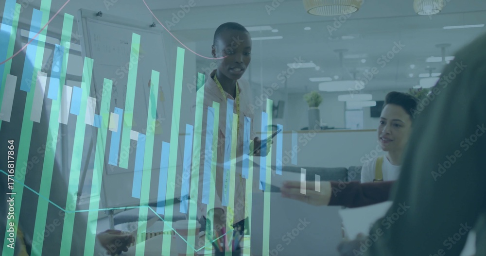 Poster collaborating team analyzing data around desk in office, with laptop smartphone report data overlay