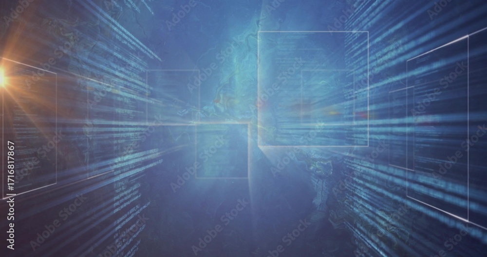 Poster glowing central translucent panel floating in digital space, with code streams and light flare