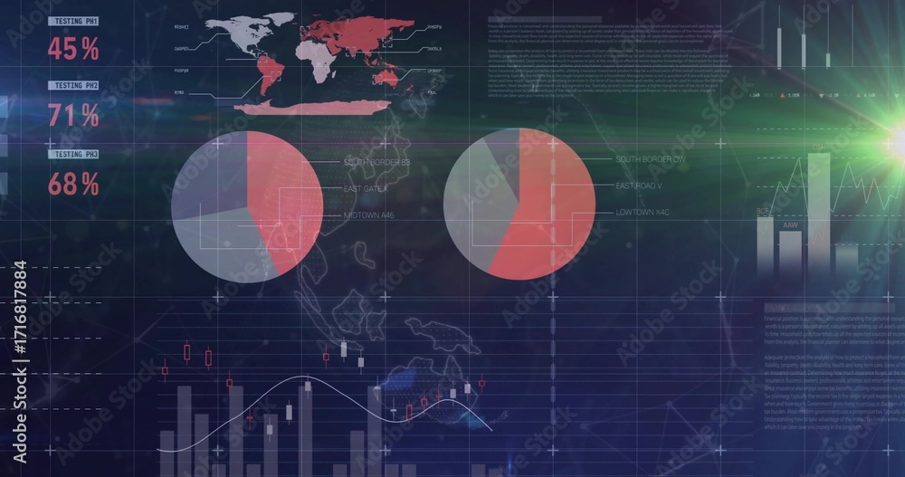 Poster displaying two pie charts over grid on overlay, with world map percentages and lens-flare